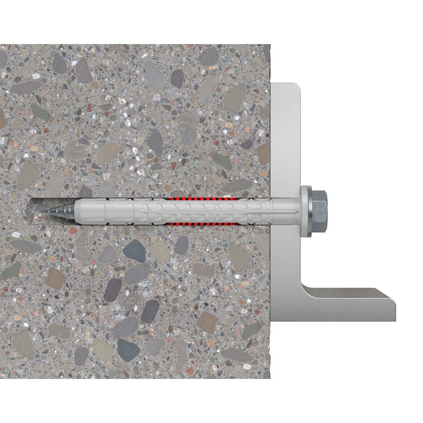 Corte técnico de taco Fischer DuoXpand expandido en hormigón macizo para anclaje estructural.