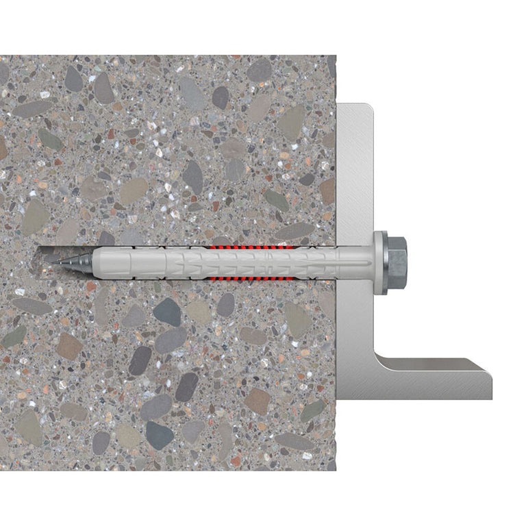 Corte técnico de taco Fischer DuoXpand expandido en hormigón macizo para anclaje estructural.