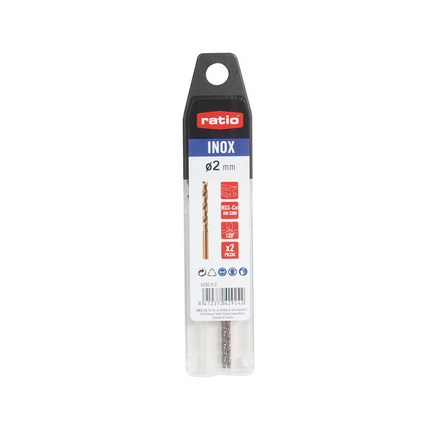 Pack de 2 brocas RATIO INOX de 2 mm de acero al cobalto HSS-CO DIN 338N.
