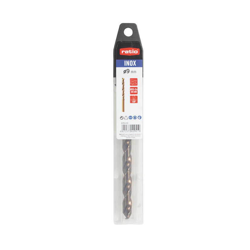 Presentación individual de broca RATIO INOX de 9 mm para perforación profesional.