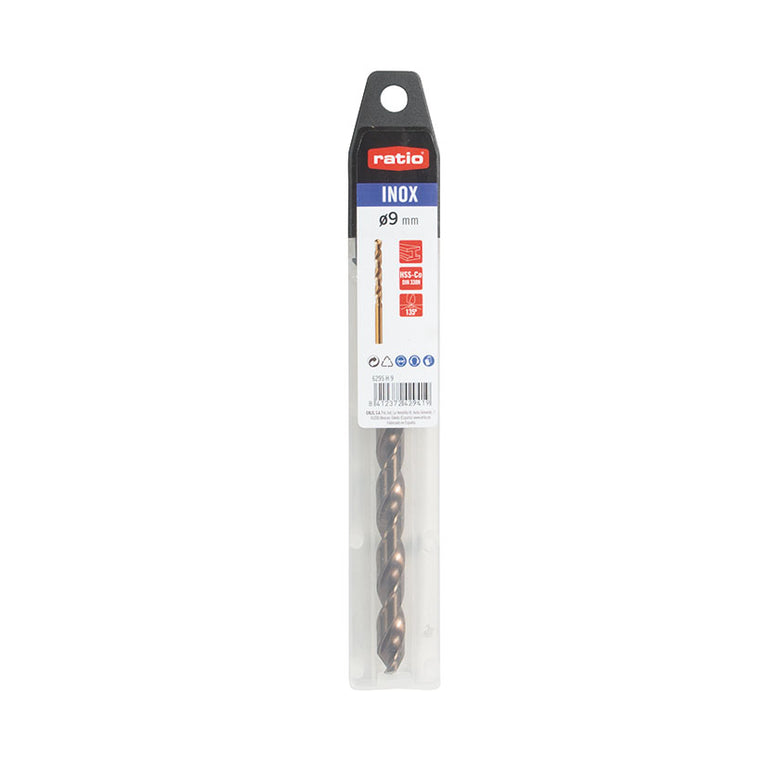 Presentación individual de broca RATIO INOX de 9 mm para perforación profesional.
