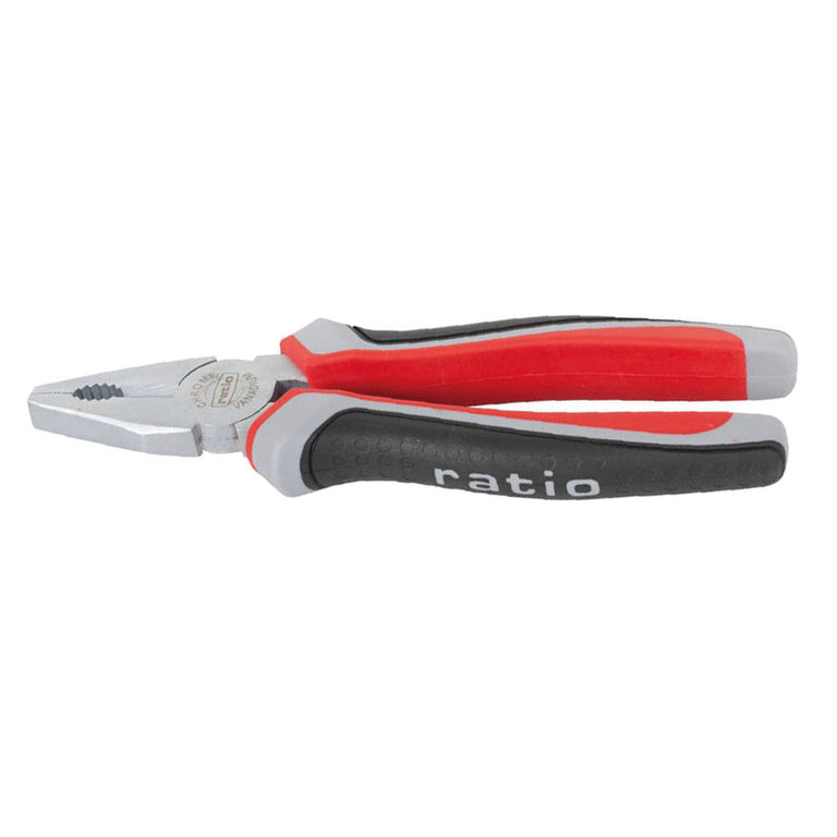 Alicate universal RATIO Serie 6000 con mango ergonómico trimaterial rojo y negro