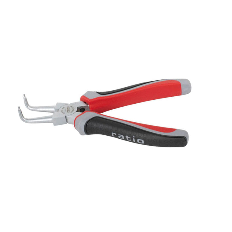 Alicate para arandelas interiores RATIO Serie 6000 con puntas curvas y mango ergonómico trimaterial rojo y negro.