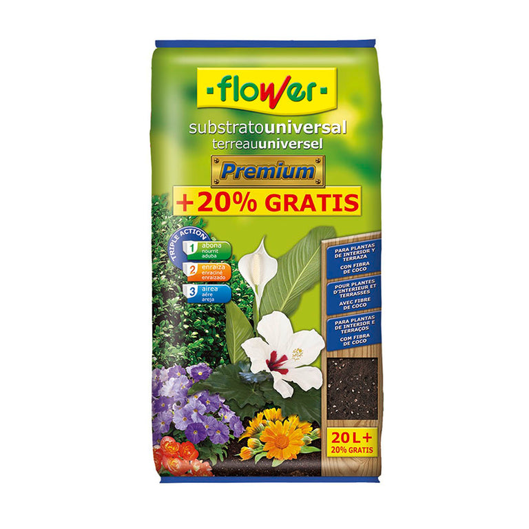 Saco de Substrato Universal Premium Flower 20L más 20 por ciento gratis con fibra de coco y triple acción