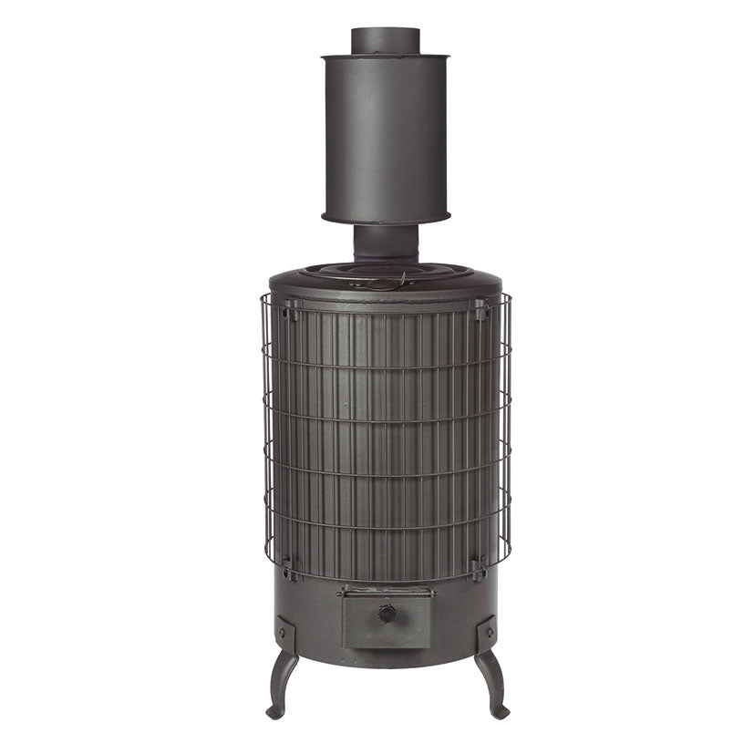 Estufa de leña THECA Nº4 Ecodesign de acero negro con rejilla protectora y salida de humos superior.