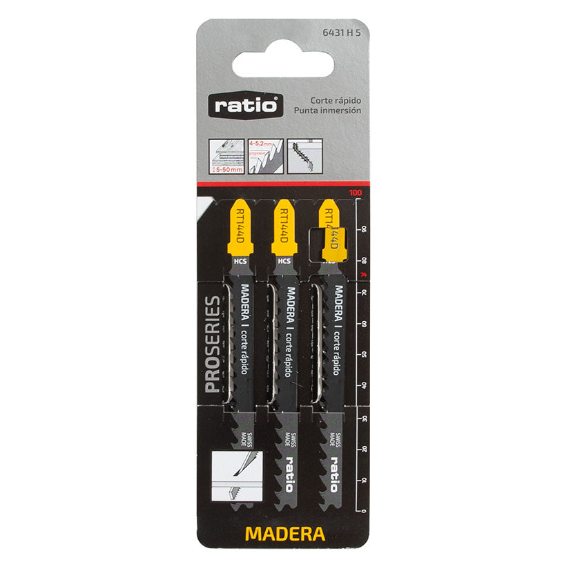 Blíster de 3 unidades de hojas de sierra de calar RATIO ProSeries RT144D Swiss Made.