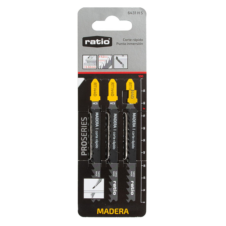 Blíster de 3 unidades de hojas de sierra de calar RATIO ProSeries RT144D Swiss Made.