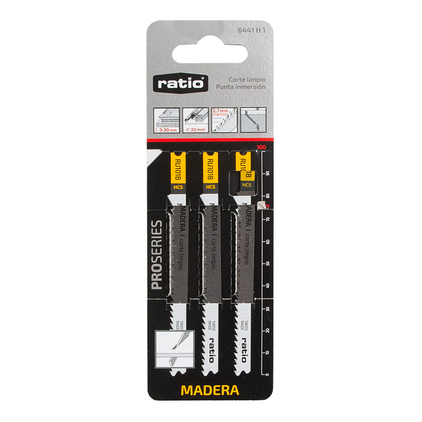 Blíster de 3 unidades de hojas de sierra de calar RATIO ProSeries para madera, anclaje tipo B&D.