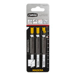 Blíster de 3 unidades de hojas de sierra de calar RATIO ProSeries para madera, anclaje tipo B&D.