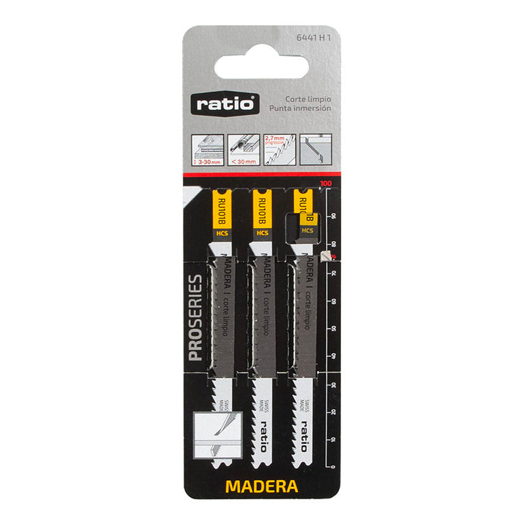 Blíster de 3 unidades de hojas de sierra de calar RATIO ProSeries para madera, anclaje tipo B&D.