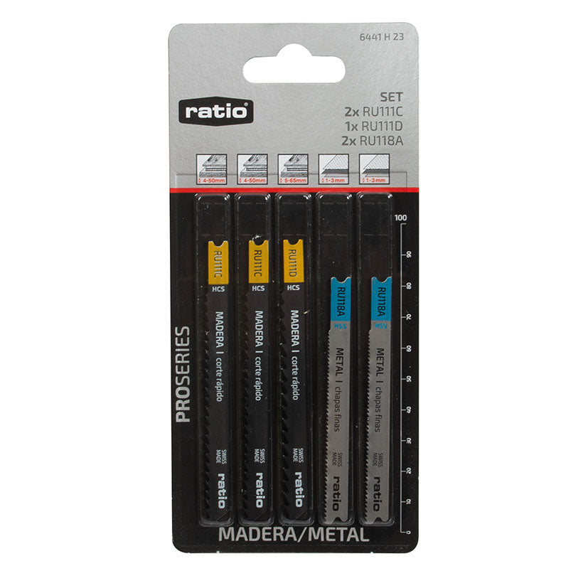 Blíster de 5 unidades de sierras de calar Ratio ProSeries para madera y metal con anclaje tipo B&D.