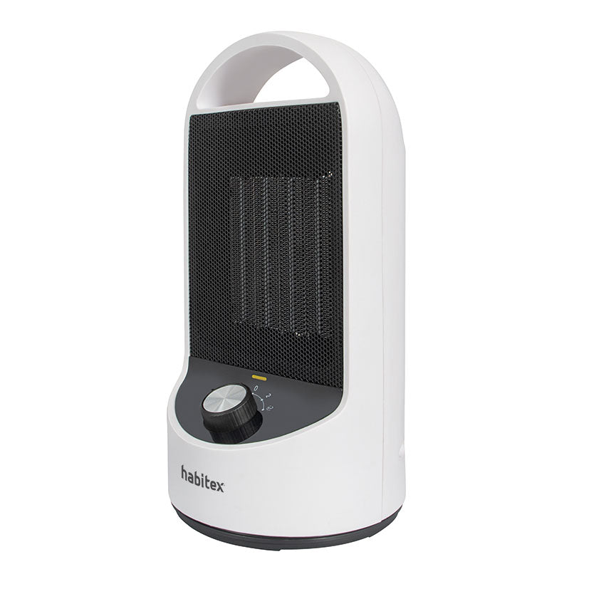 Calefactor cerámico Habitex AH-33 blanco con asa de transporte y rejilla de seguridad negra