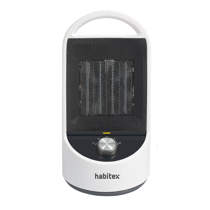 Vista frontal del calefactor cerámico Habitex AH-33 mostrando el dial de control y diseño vertical