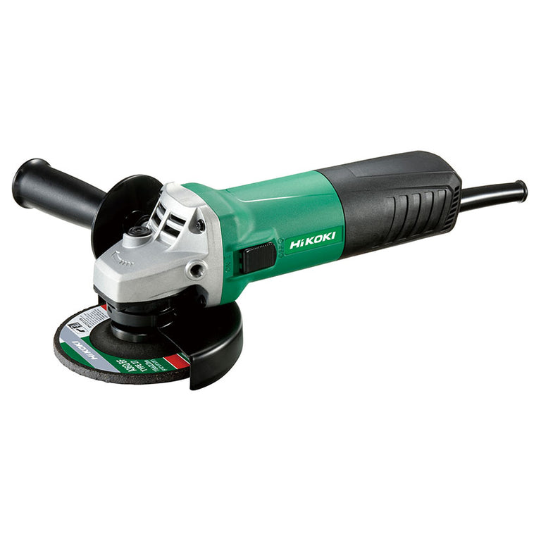 Amoladora angular compacta HiKOKI de 125mm con interruptor lateral y diseño ergonómico verde y negro.