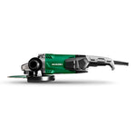 Perfil de amoladora profesional HiKOKI de alta potencia con disco de corte instalado y protector de seguridad.