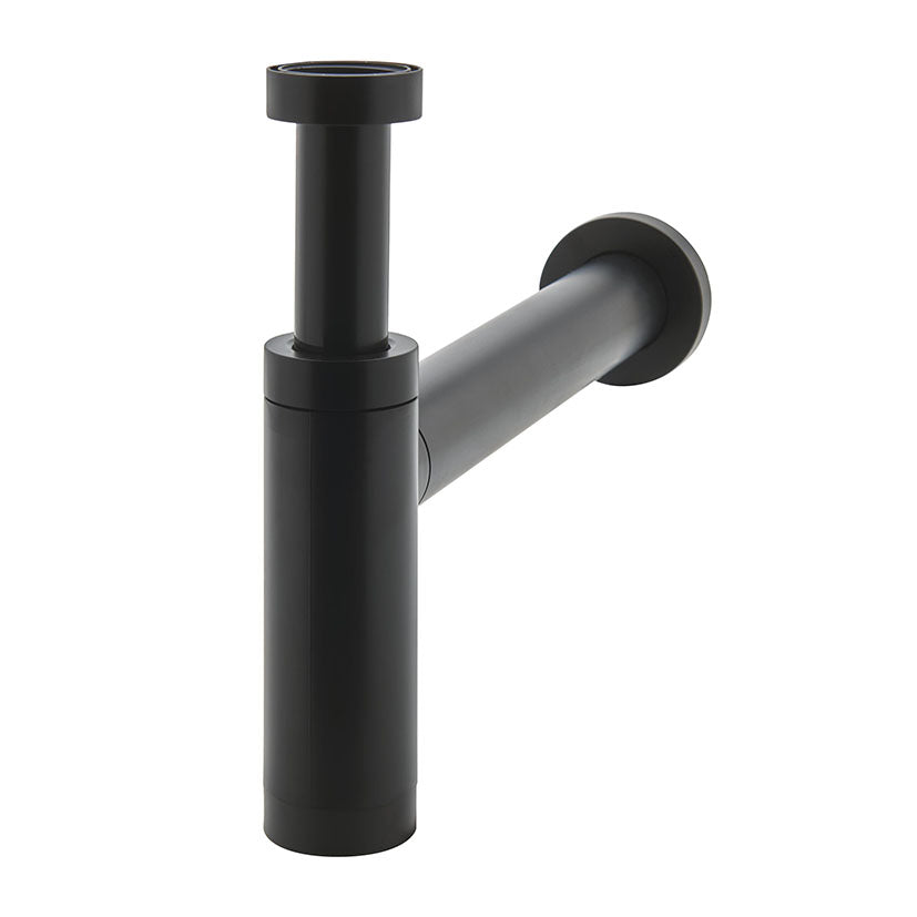 Sifón de botella Wirquin Teos acabado negro mate para lavabo con altura regulable.