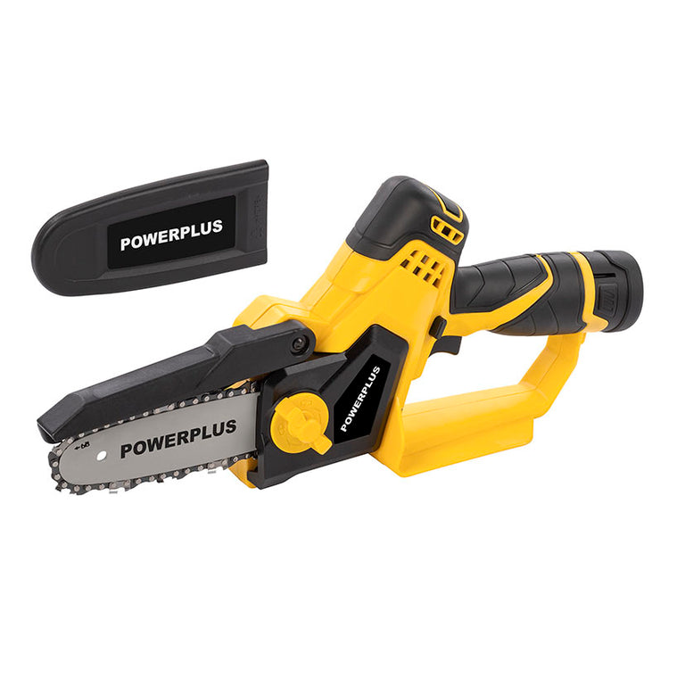 Sierra de podar inalámbrica Powerplus con protector de espada incluido y ajuste de cadena manual.