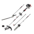 Multiherramienta gasolina Powerplus POWEG8050 con accesorios de desbrozadora, cortasetos, motosierra y cortabordes.