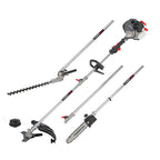 Multiherramienta gasolina Powerplus POWEG8050 con accesorios de desbrozadora, cortasetos, motosierra y cortabordes.