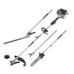 Multiherramienta gasolina Powerplus POWEG8050 con accesorios de desbrozadora, cortasetos, motosierra y cortabordes.