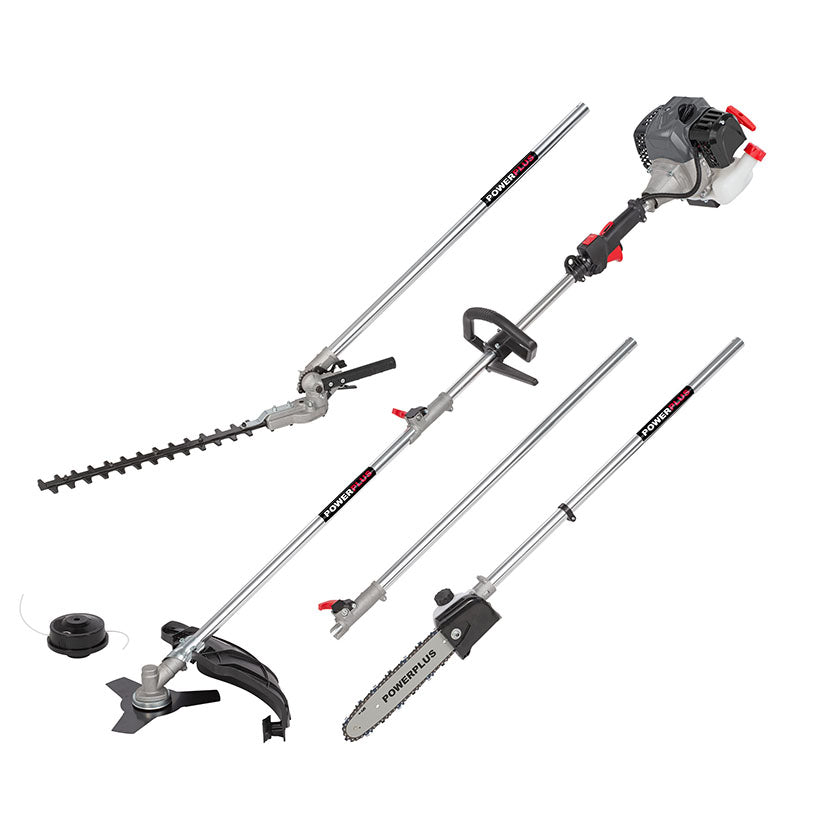 Multiherramienta gasolina Powerplus POWEG8050 con accesorios de desbrozadora, cortasetos, motosierra y cortabordes.