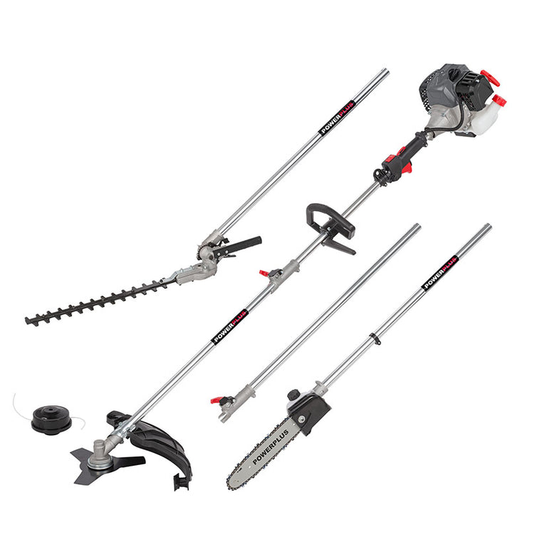 Multiherramienta gasolina Powerplus POWEG8050 con accesorios de desbrozadora, cortasetos, motosierra y cortabordes.