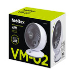 Embalaje original del mini ventilador Habitex VM-02 con detalles técnicos y potencia de 4W