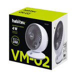 Embalaje original del mini ventilador Habitex VM-02 con detalles técnicos y potencia de 4W