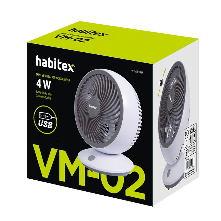 Embalaje original del mini ventilador Habitex VM-02 con detalles técnicos y potencia de 4W