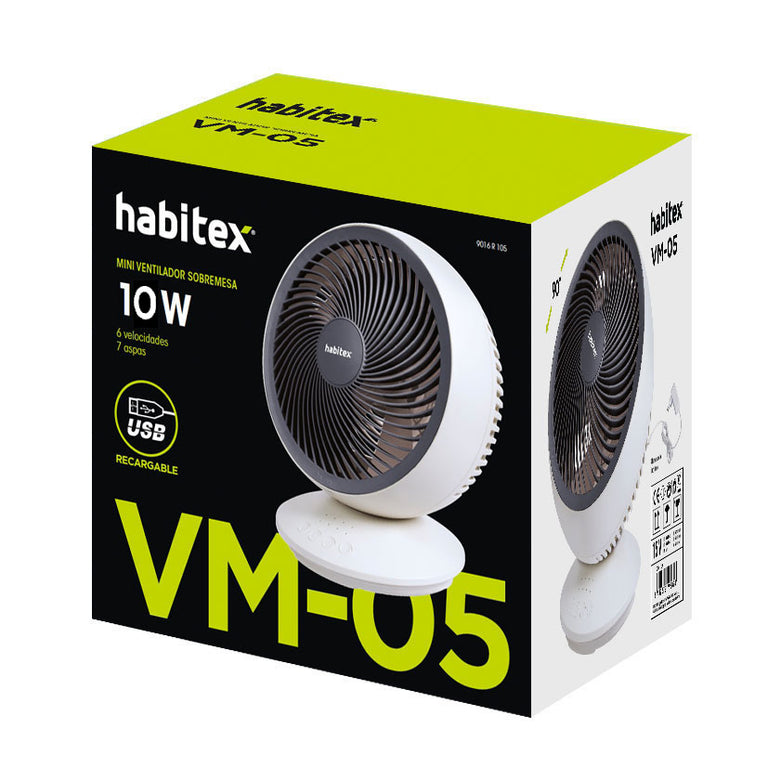 Caja del producto Habitex VM-05 indicando potencia de 10W, carga USB y batería de litio recargable.