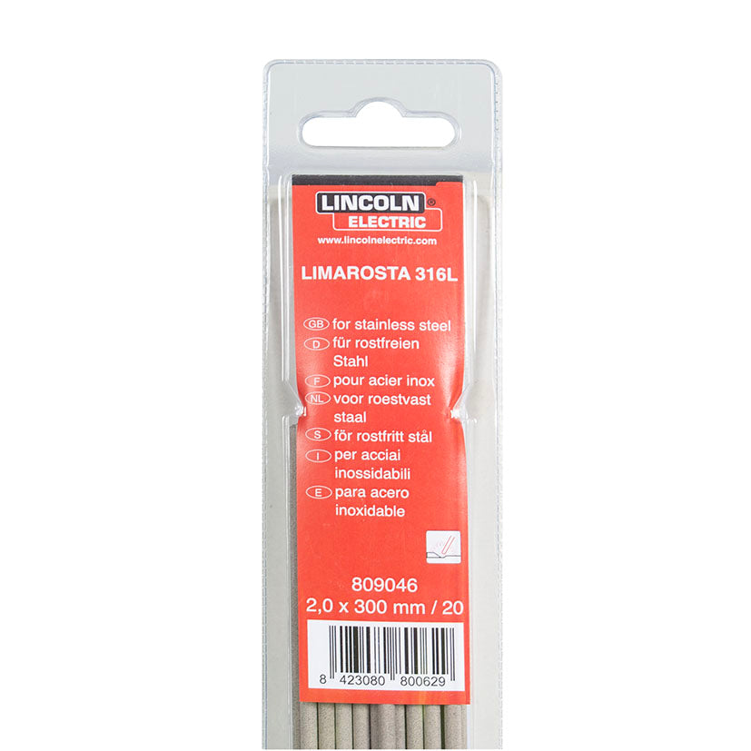 Blíster de 20 electrodos Lincoln Electric Limarosta 316L de 2.0 mm para acero inoxidable.