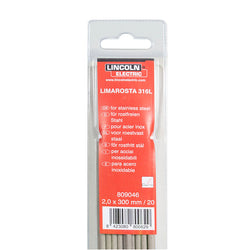 Blíster de 20 electrodos Lincoln Electric Limarosta 316L de 2.0 mm para acero inoxidable.