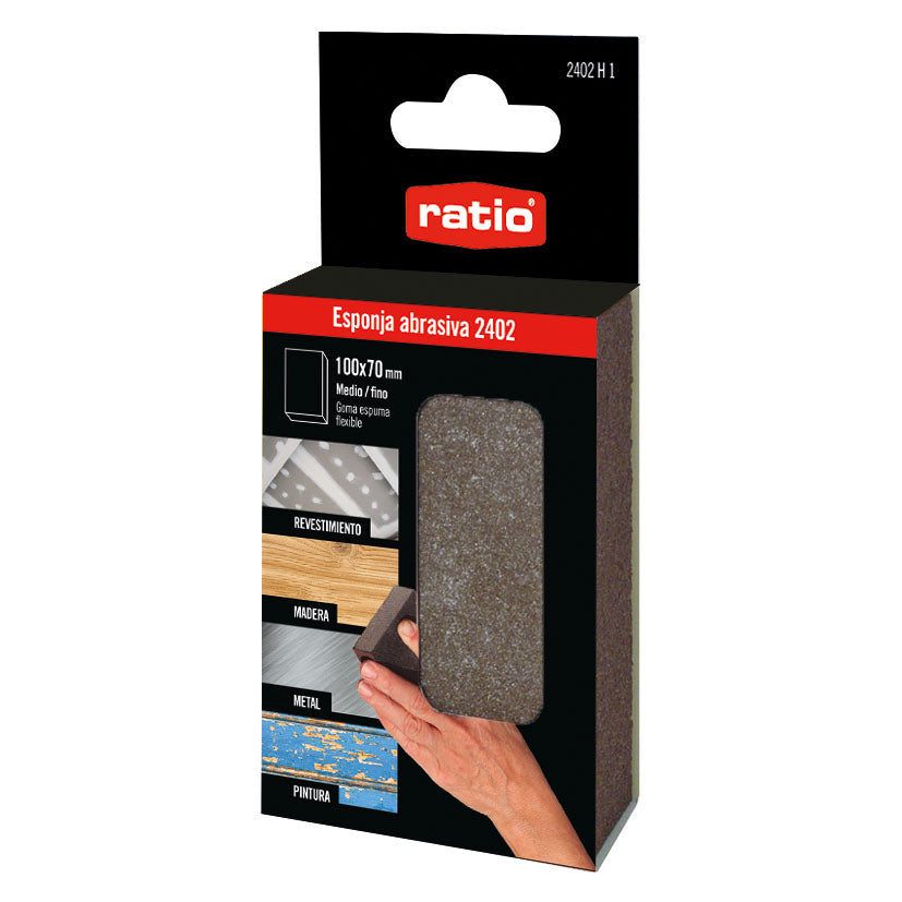 Esponja abrasiva RATIO 2402 de 100x70mm grano medio y fino para madera, metal y pintura