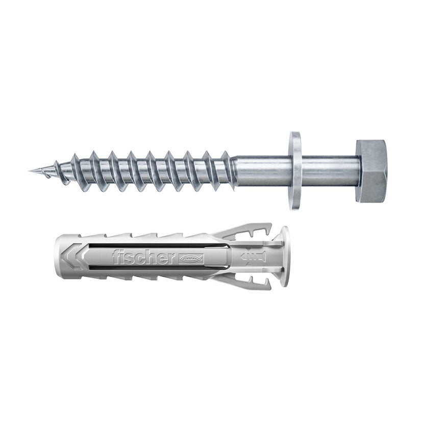 Taco de expansión Fischer SX Plus con tornillo hexagonal de acero y arandela para fijaciones estructurales.
