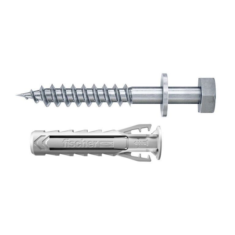 Taco de expansión Fischer SX Plus con tornillo hexagonal de acero y arandela para fijaciones estructurales.