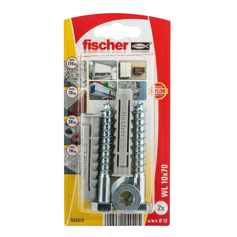 Blíster de tacos Fischer WL con tornillos hexagonales y arandelas mostrando capacidades de carga por material.