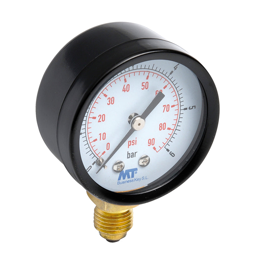 Manómetro de esfera seca MT DN50 con toma inferior de latón y escala dual BAR/PSI.