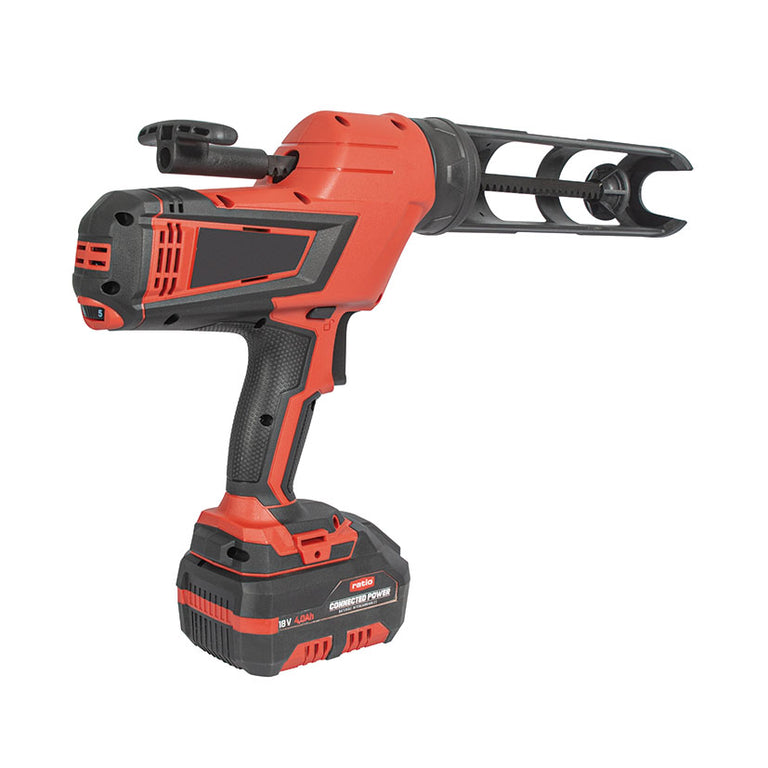 Detalle de empuñadura ergonómica y gatillo de precisión de la pistola selladora RATIO ProSeries.