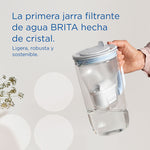 Mano sujetando la jarra de cristal BRITA Glass Model One mostrando su ligereza y acabado robusto.