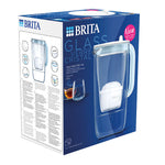 Embalaje original de la jarra BRITA Glass de 2,5 litros con detalles del filtro y características técnicas.