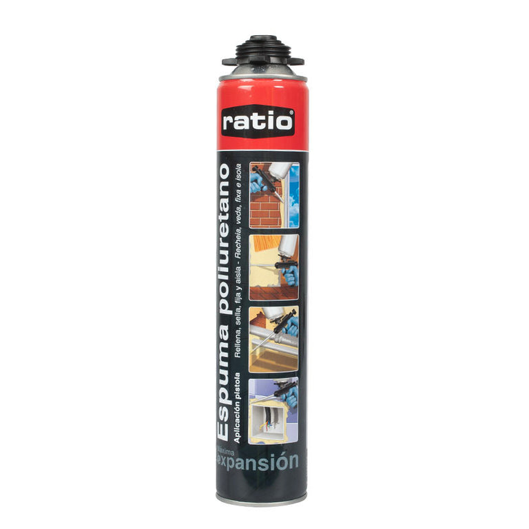 Espuma de poliuretano RATIO para aplicación con pistola, 750ml, máxima expansión para sellado y aislamiento.
