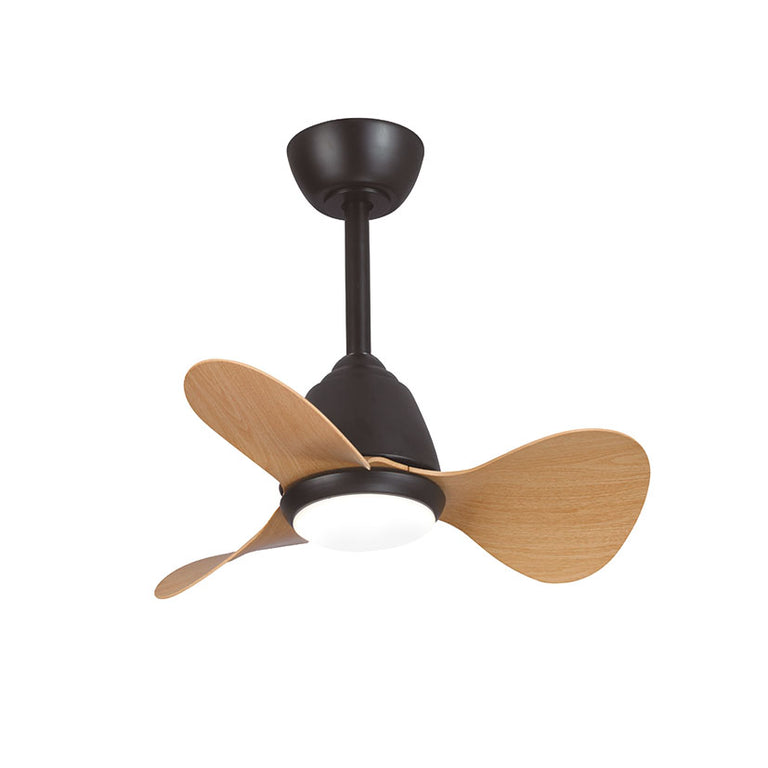 Ventilador de techo Habitex negro con aspas de madera y luz LED encendida