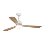 Ventilador de techo Habitex 43NW blanco con tres aspas de madera clara y plafón LED circular.
