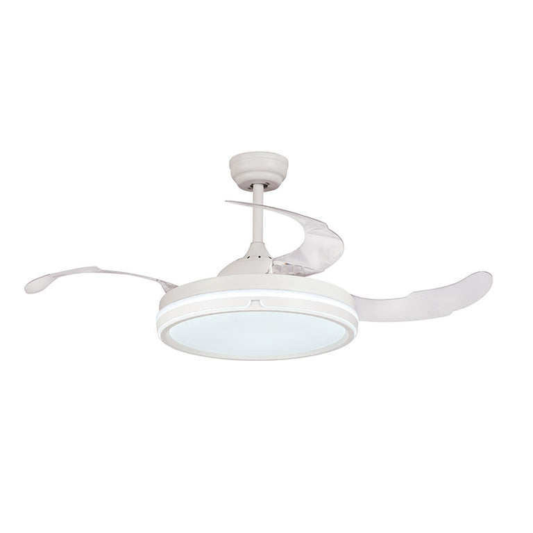 Ventilador de techo Habitex blanco con aspas plegables desplegadas y diseño minimalista.