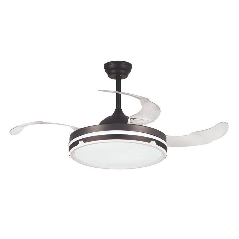 Ventilador de techo Habitex negro con aspas transparentes abiertas y luz LED circular.