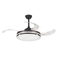 Ventilador de techo Habitex negro con aspas transparentes abiertas y luz LED circular.