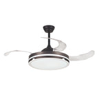 Ventilador de techo Habitex negro con aspas transparentes abiertas y luz LED circular.