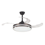 Ventilador de techo Habitex negro con aspas transparentes abiertas y luz LED circular.