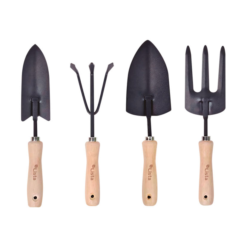 Set de 4 herramientas de mano para jardín LISTA Advance con mangos de madera y cabezales de acero negro.