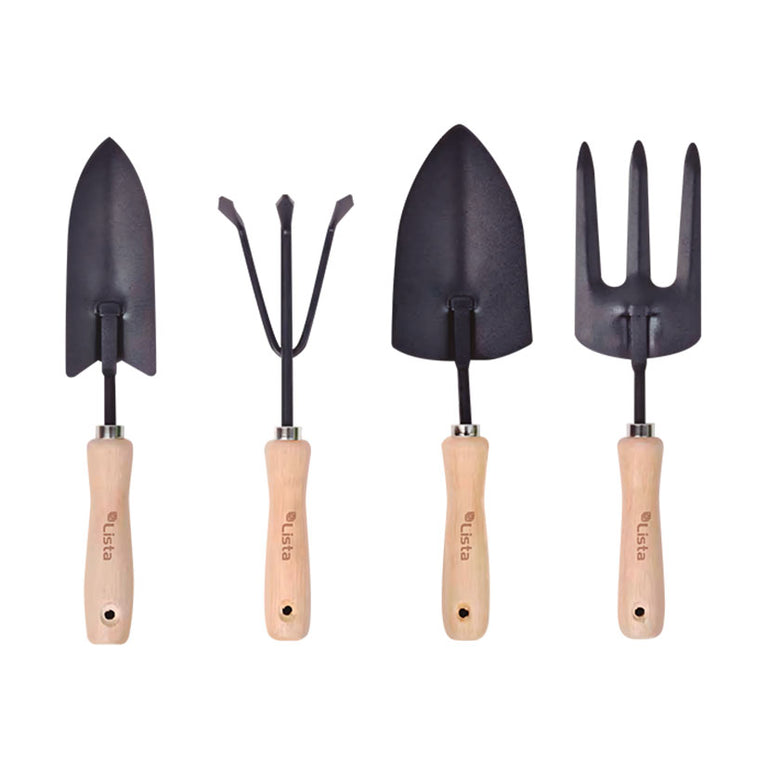 Set de 4 herramientas de mano para jardín LISTA Advance con mangos de madera y cabezales de acero negro.